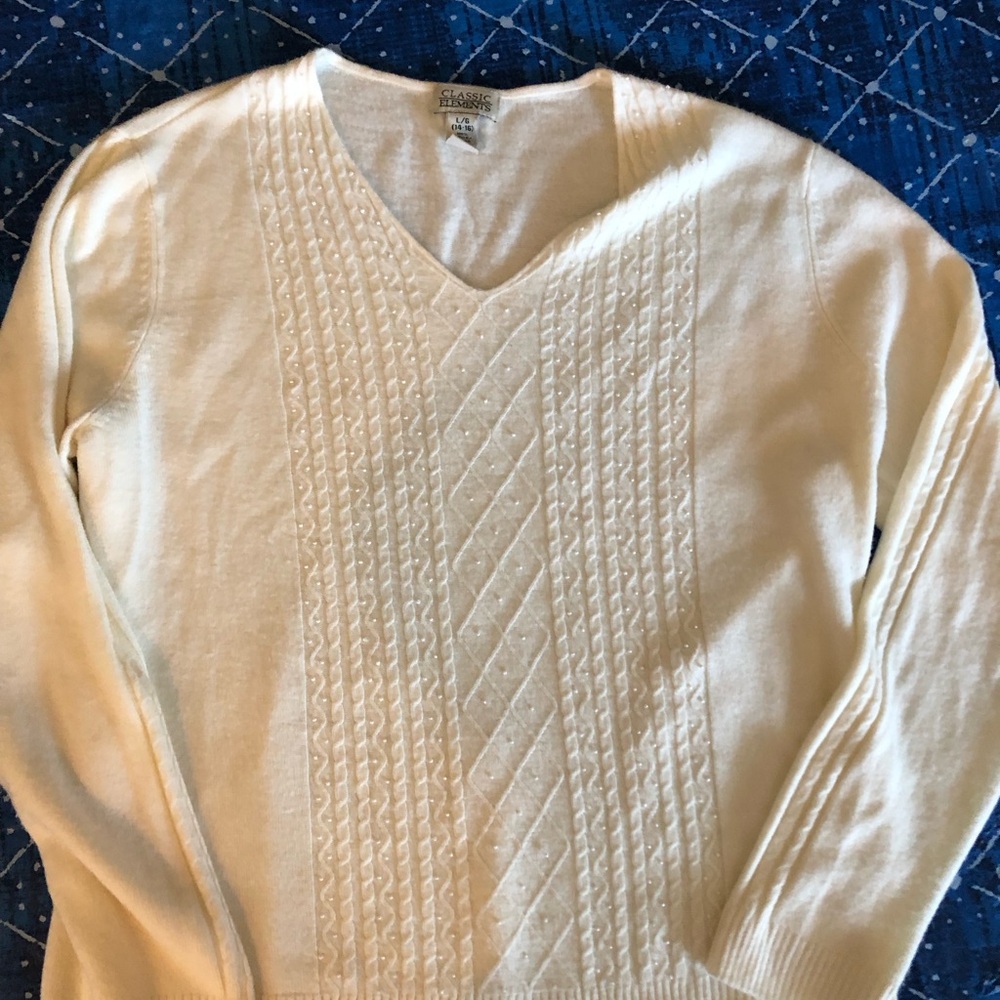 Classic Elements Cream V-Neck Sweater with decorative beads